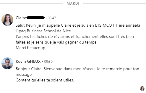 Linkedin | Message de Claire D. | AIDE BTS MCO
