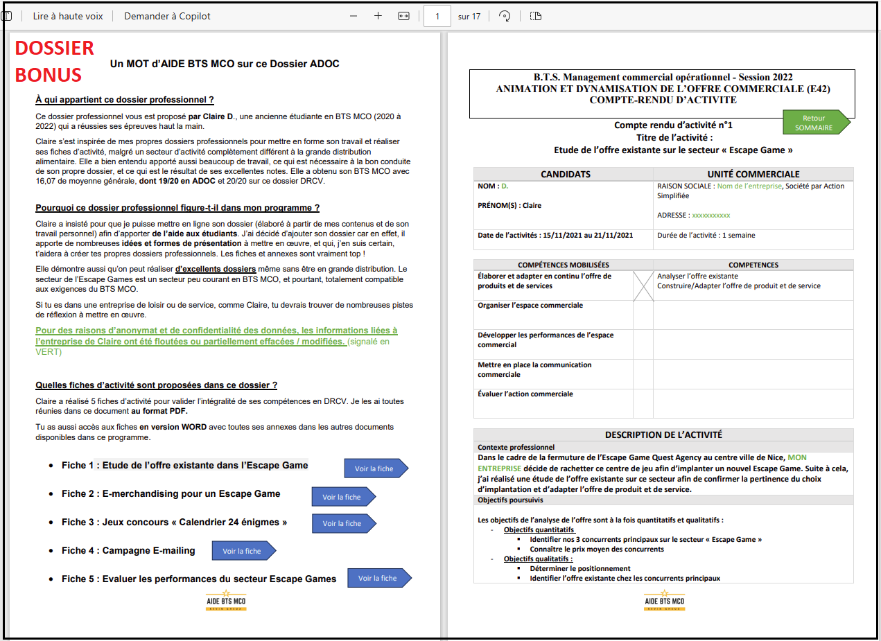 BTS MCO | ADOC | Dossier Professionnel U42 : Animer et Dynamiser l'Off