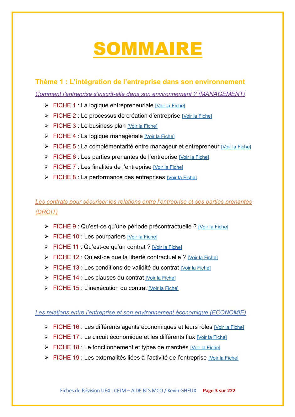 FICHES DE REVISION - UE4 / CEJM - ECONOMIE / DROIT / MANAGEMENT